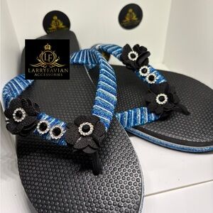 Larry Favian Blue and Black Floral Flip Flops